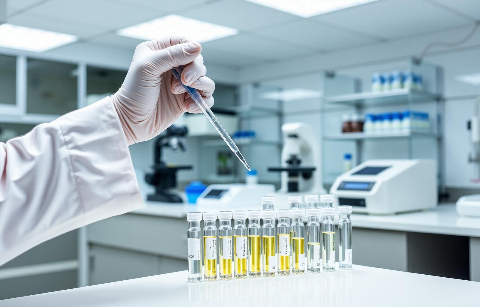 Analytical chemist sampling vials in the lab